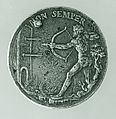 Portrait medal of Jacopo Antonio Sorra (obverse); A Nude Male Figure Shooting Arrows (reverse), Antonio Abondio (Italian, Trento 1538–1591 Vienna), Bronze (Copper alloy with a worn, dark
brown patina over a light brown patina)