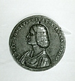 Portrait medal of an Unknown Lady (obverse); A Kneeling Man with a Basket of Fruit, Cupid, and the Caduceus of Mercury (reverse), Giovanni Maria Pomedelli (Italian, Villafranca di Verona 1478–1537), Bronze (copper alloy with a light brown
patina under a worn reddish brown layer of wax or lacquer)