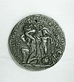 Portrait medal of an Unknown Lady (obverse); A Kneeling Man with a Basket of Fruit, Cupid, and the Caduceus of Mercury (reverse), Giovanni Maria Pomedelli (Italian, Villafranca di Verona 1478–1537), Bronze (copper alloy with a light brown
patina under a worn reddish brown layer of wax or lacquer)