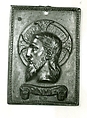 Head of Christ, Copper alloy with a silvered surface; pierced at the top; lead-plugged hole under the INRI-tablet., Italian, Rome (?)