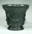 Mortar, Alberghetti Foundry  , Venice, Copper alloy with a high content of tin, some lead, and no trace of zinc; the usual trace elements of iron, nickel, silver, and antimony are present, confirming that this is an alloy of fire-refined copper, certainly dating before about 1880; dark brown patina., Italian, Venice