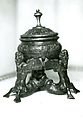 Inkwell supported by three winged tritons, Brown glass (ink receptacle); copper alloy., Italian, Veneto (Venice?)