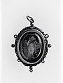 Devotional pendant, Cut and polished reversed-painted and reverse-gilt rock crystal; silver gilt. Assembled., probably Spanish