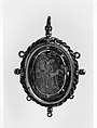 Devotional pendant, Cut and polished reversed-painted and reverse-gilt rock crystal; silver gilt. Assembled., probably Spanish