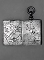 Devotional diptych pendant, SIlver, boxwood, humingbird feathers, and glass, Mexican