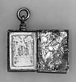Devotional diptych pendant, SIlver, boxwood, humingbird feathers, and glass, Mexican
