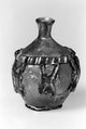 Flask, Probably almost colorless glass with a green or yellowish tint. Blown, the rim finished at the furnace, the decoration applied and tooled., Islamic
