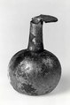 Dropper flask, Either colorless or transparent very pale green or very pale yellowish brown glass. Blown (the body blown in a dip mold), tooled, the rim finished at the furnace., Roman