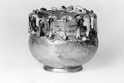 Jar with sixteen handles, Apparently very pale translucent green glass with translucent deep bluish green glass handles. Blown, tooled, the rim finished at the furnace, the trail and handles applied., Roman