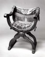 Hip-joint armchair (Dantesca type, associated with 1975.1.1971 a,b), Walnut, carved; embroidery, silk velvet, metal., Italian