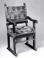 Armchair, Walnut, carved and turned; dark red silk and satin cut velvet; gilt metal tape with fringe gilt-metal thread., Iberian or Flemish (woodwork); Italian (or Spanish?) (textiles)