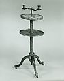 Candlestand and holder (guéridon), Attributed to Martin Carlin (French, near Freiburg im Breisgau ca. 1730–1785 Paris), Oak veneered with tulipwood and amaranth, the marquetry of tulipwood, boxwood, and sycamore.  Legs and hub are of solid amaranth; there is a steel shaft; mounts are of gilt bronze.