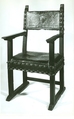Armchair (segglione), Walnut, partly gilded; tooled leather, embossed; green silk; brass., Italian