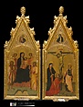 Diptych with tabernacle frames, Poplar. Carved, gilt; red-orange bole., Sienese