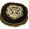 Pocket (sewn onto center of round cushion), silk; metal;, Italian or Spanish