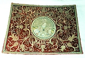 Roundel appliquéd to rectangular panel, linen, silk, and gilt metal thread appliquéd to silk cut velvet embroidered with silk and gilt metal thread in padded couching and couching of gilt metal strips., Italian or Spanish