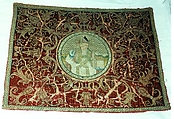 Roundel, linen, silk, and gilt metal thread appliquéd to silk cut velvet embroidered with silk and gilt metal thread in padded couching and couching of gilt metal strips., Italian or Spanish
