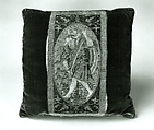 Orphrey section made into cushion, silk, linen, metal, Italian or Spanish