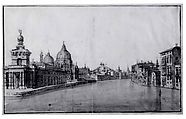 The Entrance to the Grand Canal, with the Dogana da Mar and Santa Maria della Salute on the Left, Bernardo Bellotto Italian, Pen and brown ink, gray wash