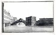The Grand Canal with the Rialto Bridge, from the North, Bernardo Bellotto (Italian, Venice 1722–1780 Warsaw), Pen and brown ink, gray wash