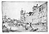 A Venetian Capriccio: A Rio Leading to a Bridge, Francesco Guardi (Italian, Venice 1712–1793 Venice), Pen and brown ink, brown wash