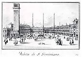 Piazza San Marco, Looking toward the Church of San Gemignano, Giacomo Guardi (Italian, Venice (?) 1764–1835 Venice (?)), Pen and brown ink, gray wash
