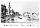 The Rio dei Greci, with the Ponte della Pieta in the Distance, Giacomo Guardi (Italian, Venice (?) 1764–1835 Venice (?)), Pen and brown ink, gray wash