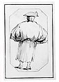 Caricature of a Person in a Voluminous Gown, Seen from Behind, Giovanni Battista Tiepolo (Italian, Venice 1696–1770 Madrid), Pen and black ink, gray wash
