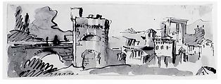 View of a Town with a Fortified Bridge, Giovanni Battista Tiepolo (Italian, Venice 1696–1770 Madrid), Pen and brown ink, brown wash