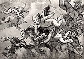 A Flock of Winged Cherubs in the Sky, One Holding a Martyr's Palm, Giovanni Domenico Tiepolo (Italian, Venice 1727–1804 Venice), Pen and brown ink, brown and gray wash