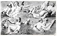 Frieze of Allegorical Figures, Giovanni Domenico Tiepolo (Italian, Venice 1727–1804 Venice), Pen and light brown ink, brush and gray wash over black chalk, partly strengthened with a fine pen and dark brown ink