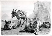 A Bull Lying Down, and Two Donkeys, in a Landscape, Giovanni Domenico Tiepolo (Italian, Venice 1727–1804 Venice), Pen and brown ink, brown wash, over black chalk