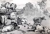 Cattle in a Landscape, Giovanni Domenico Tiepolo (Italian, Venice 1727–1804 Venice), Pen and brown ink, brown wash, over black chalk