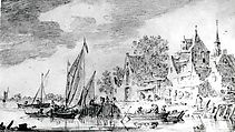Landing Place by a Town, Style of Jan van Goyen (Dutch, Leiden 1596–1656 The Hague), Black chalk with gray wash