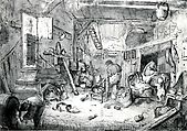 Peasant Family in a Barn, Copy after Isaac van Ostade (Dutch, Haarlem 1621–1649 Haarlem), Pen and brown ink, brown and gray wash, and watercolor (mainly brown, gray, red, green, yellow) over traces of black chalk.