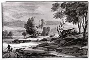Mountainous River Landscape with Figures, Roelant Roghman (Dutch, Amsterdam 1627–1692 Amsterdam), Pen and dark brown ink, brush and light brown ink and grayish brown wash over black chalk; framing line in pen and brown ink probably by the artist.