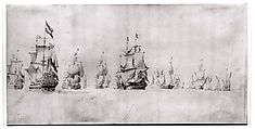 A Dutch Fleet Under Sail at Sea in a Light Breeze, Willem van de Velde I (Dutch, Leiden 1611–1693 London), Pencil and gray wash on two sheets of paper joined 11.5 cm. from the left.