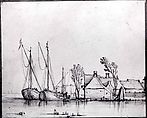 Barges Moored by Cottages, Style of Claes Jansz. Visscher the Younger (Amsterdam 1587–Amsterdam 1652), Pen and brown ink, brush and grayish brown ink, brown and grayish brown wash over black chalk.