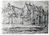 Tervueren Castle, Flanders (1604 (?)), Pen and brown ink, brush and brown ink, over traces of black chalk.
On the verso, in pen and brown ink, studies of five figures standing near a tree, and some mathematical calculations., Flemish