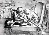 Old Couple with a Child Playing a Pipe, Follower of Jacob Jordaens (Flemish, Antwerp 1593–1678 Antwerp), Pen and brush and brown gallnut ink, brown and grayish brown washes.