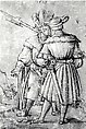 Two Lansquenets, Circle of Erhard Altdorfer (German, 1480/85–1561/62 Schwerin), Pen and black ink highlighted with brush and opaque white on reddish brown prepared paper.