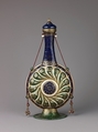 Pilgrim Bottle and Cover, Painted enamel on copper, partly gilded, gilt brass, linen cord with metal threads., Italian, Venice