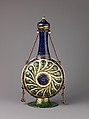Pilgrim Bottle and Cover, Painted enamel on copper, partly gilded, gilt brass, linen cord with metal threads., Italian, Venice