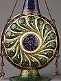 Pilgrim Bottle and Cover, Painted enamel on copper, partly gilded, gilt brass, linen cord with metal threads., Italian, Venice