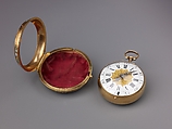 Watch Painted with a Pastoral Scene, Outer case of painted enamel on gold. Inner case of gold with an unidentified
maker’s mark consisting of the letters ic over b below a
coronet (incuse) on the interior and an eagle’s head, a French
guarantee mark for gold in use between 1 January 1847 and
1 July 1919 on the pendant. Dial of gold and white enamel
with black numerals; silver hands set with diamond chips.
Movement of gilt brass and steel. Movement signed (on the
back plate): Tomson/london., French and probably Swiss