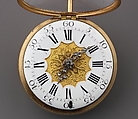 Watch Painted with a Pastoral Scene, Outer case of painted enamel on gold. Inner case of gold with an unidentified
maker’s mark consisting of the letters ic over b below a
coronet (incuse) on the interior and an eagle’s head, a French
guarantee mark for gold in use between 1 January 1847 and
1 July 1919 on the pendant. Dial of gold and white enamel
with black numerals; silver hands set with diamond chips.
Movement of gilt brass and steel. Movement signed (on the
back plate): Tomson/london., French and probably Swiss