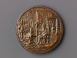 Portrait medal of Antoine Perrenot Granvelle (obverse); Don Juan of Austria Receiving the Standard from Granvelle (reverse), Giovanni V. Melon (Italian, active ca. 1570–90), Bronze (Copper alloy with orange-brown,
mottled cuprite patina).