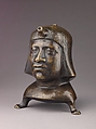 Aquamanile in the Form of a Human Head, Bronze; Ternary copper alloy with a very high percentage of zinc (approx. 68% copper,
approx. 26% zinc, approx. 4% tin), covered with a thin black lacquer patina; traces of cinnabar have been detected on the interior and exterior of the vessel., German or French, Paris (in fourteenth-century Hildesheim style)