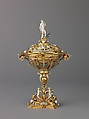 Cup and Cover with Hercules and the Nemean Lion, Prudence, and Juno with a Peacock (finial), Gold, enamel, pearls, diamonds, and rubies., Western European