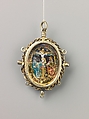 Devotional pendant, Cut and polished reversed-painted and reverse-gilt rock crystal; silver gilt. Assembled., probably Spanish